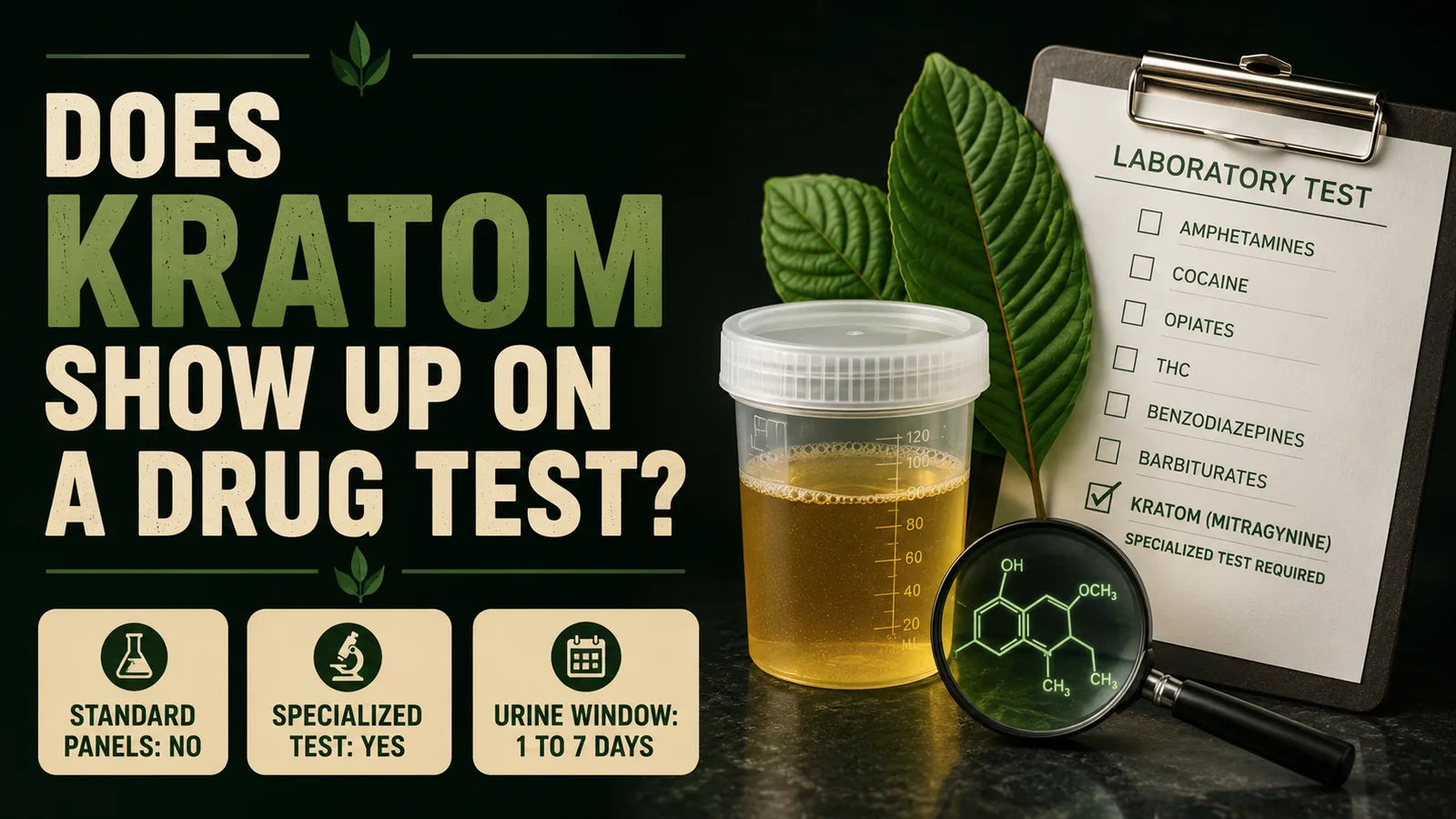 Does kratom show up on a drug test educational hero: urine sample cup and lab clipboard beside a green kratom leaf, with callouts standard panels no, specialized test yes, urine window 1 to 7 days