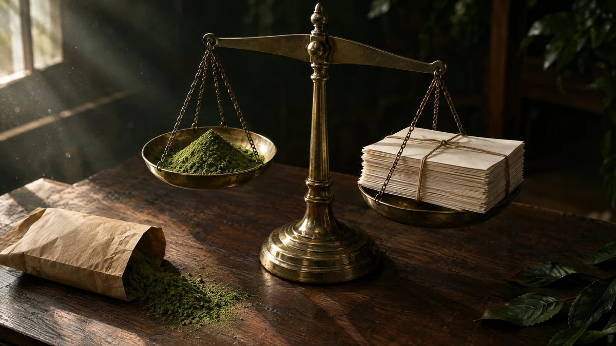 Brass balance weighing green leaf powder against a sheaf of blank papers tied with string, on a dark wooden table