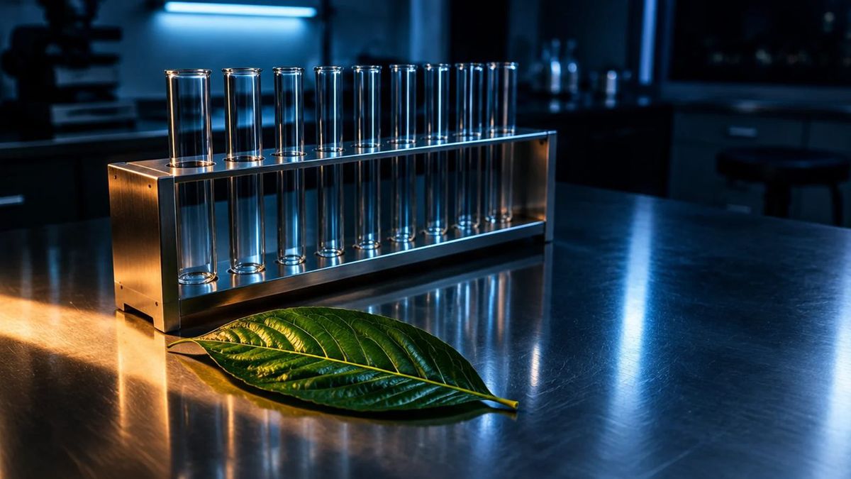 Rack of glass test tubes on a lab bench, with a single green leaf in the foreground