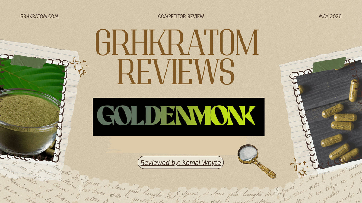 Golden Monk Kratom review 2026: kratom powder and fresh kratom leaves on dark slate