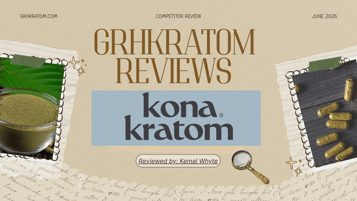Kona Kratom review 2026: kratom powder and fresh kratom leaves on dark slate