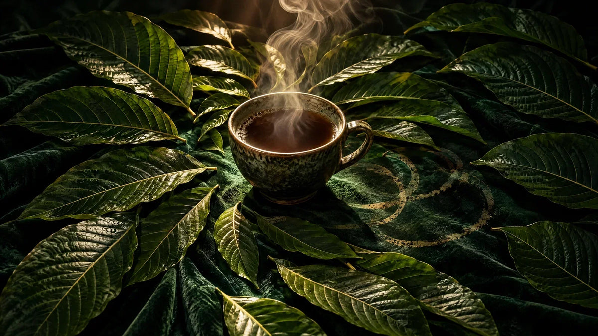 Is kratom addictive: a steaming cup of kratom tea on green velvet, ringed by a spiral of glossy kratom leaves, with faint cup rings stained into the cloth beside it, in dramatic low light.