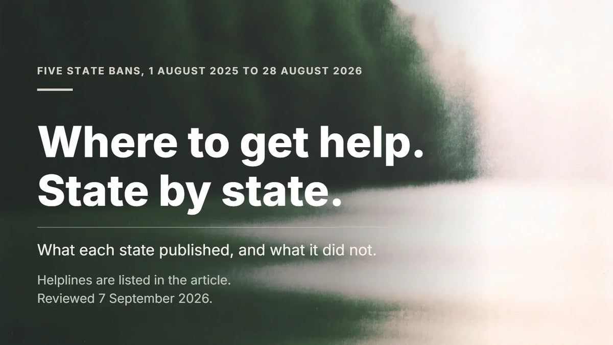 Dark green title card. Kicker: Five state bans, 1 August 2025 to 28 August 2026. Headline: Where to get help. State by state. Below it: What each state published, and what it did not. Helplines are listed in the article. Reviewed 7 September 2026.