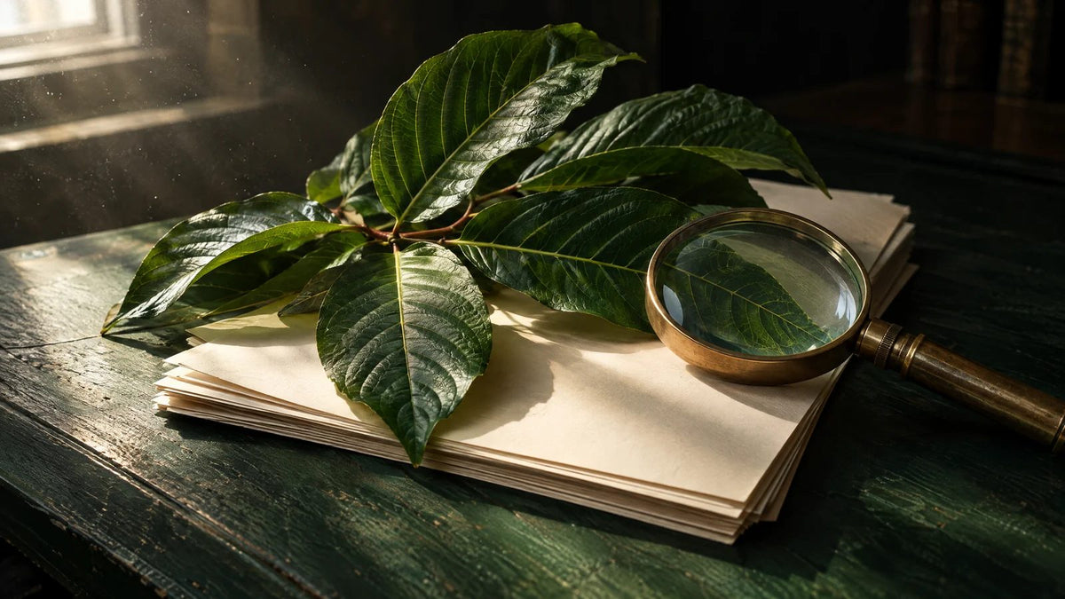 Fresh kratom leaves and a brass magnifying glass resting on a stack of papers on a dark wooden desk