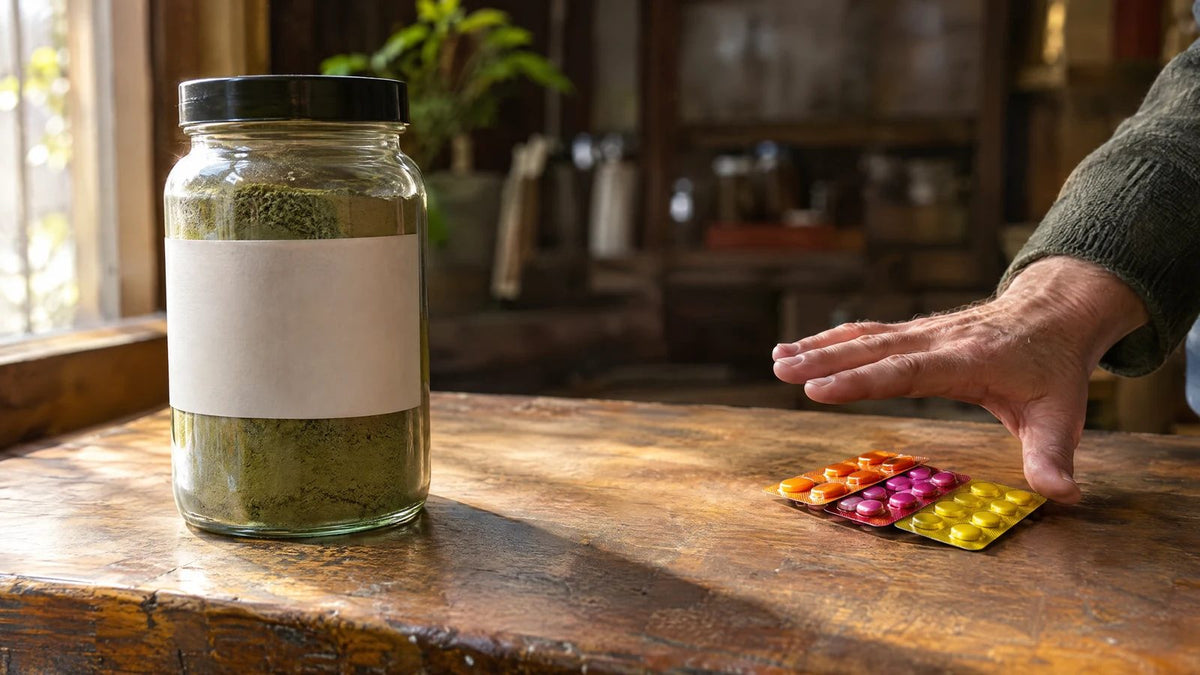 Jar of green kratom leaf powder on a wooden table, with a hand pushing away a pack of brightly colored tablets