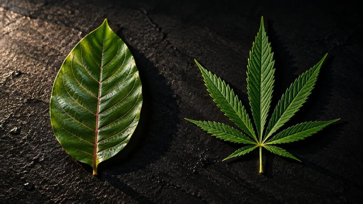 A green leaf and a cannabis leaf side by side on dark stone