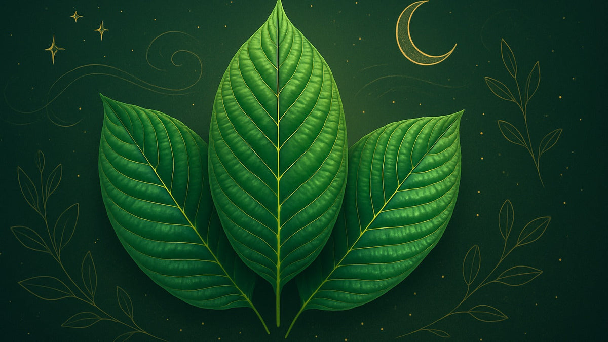 Editorial illustration with three kratom leaves on a dark green background under a crescent moon and stars.
