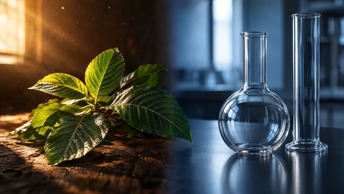 Kratom leaves on a dark wooden table beside clear laboratory flasks in warm side light