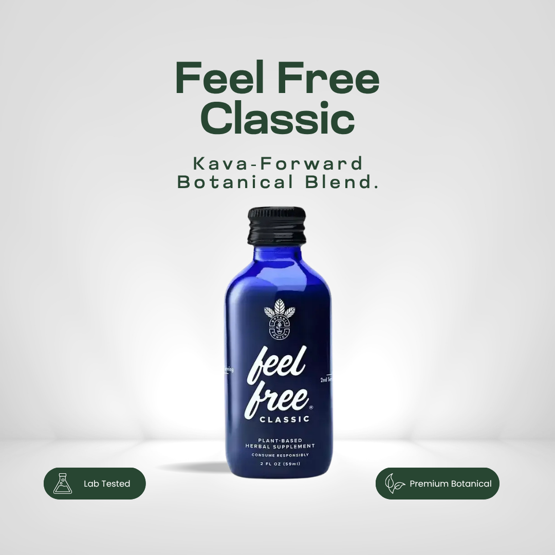 feel free CLASSIC kava kratom tonic in a 2oz cobalt blue bottle