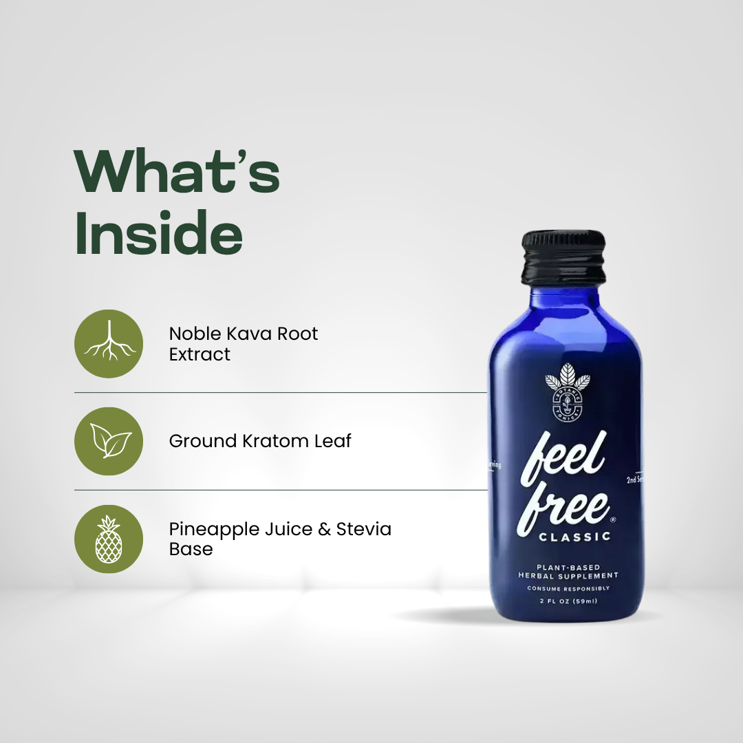 feel free CLASSIC ingredients: kava root extract, ground kratom leaf, water, pineapple juice and stevia leaf
