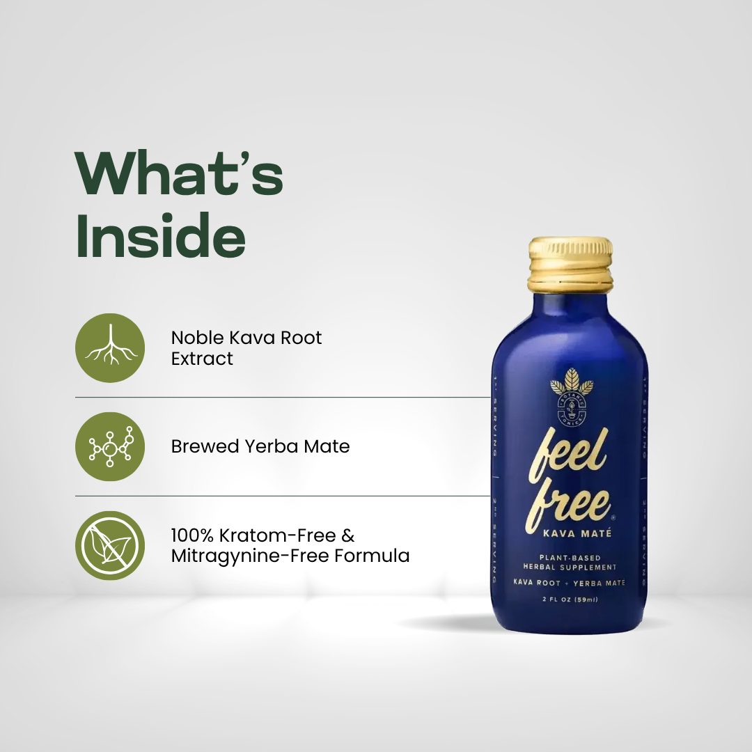 feel free Kava Mate ingredients: noble kava root extract, brewed yerba mate, and a 100 percent kratom free formula