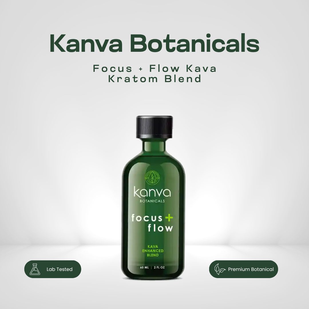 Kanva Botanicals Focus and Flow kava kratom blend in a 2oz green glass bottle