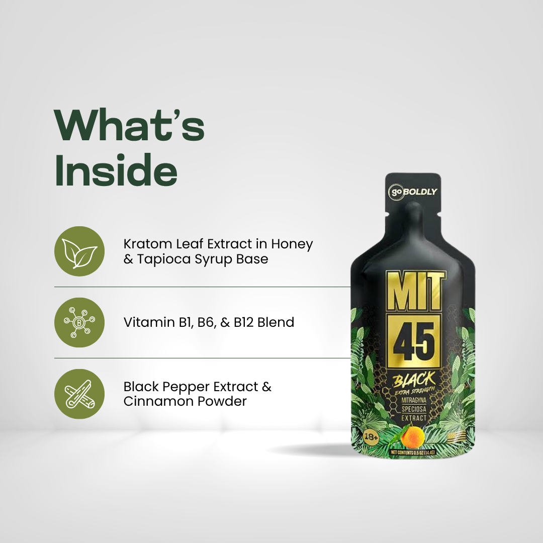MIT 45 Black honey pouch ingredients: kratom leaf extract, dark amber honey, tapioca syrup and B vitamins