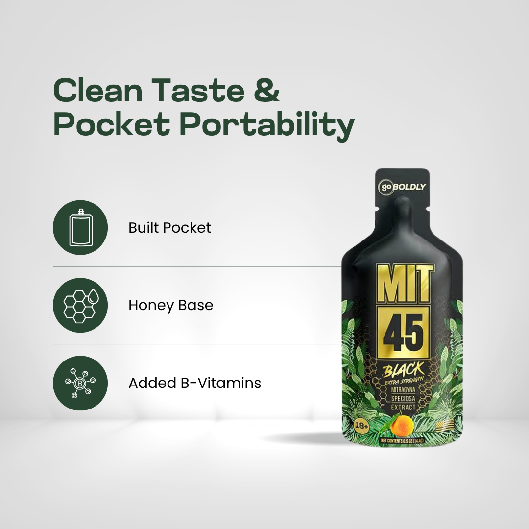 MIT 45 Black honey pouch lab tested and premium botanical trust badges