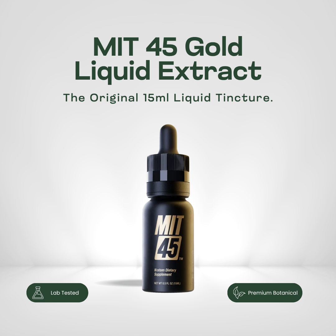 MIT 45 Gold 15ml liquid kratom extract in a black and gold dropper bottle