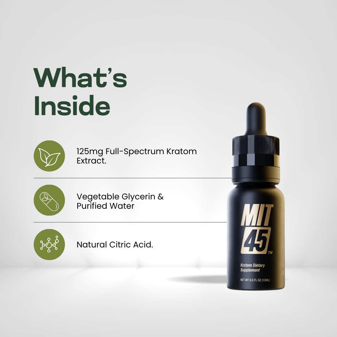 MIT 45 Gold ingredients: kratom leaf extract, vegetable glycerin, filtered water and citric acid