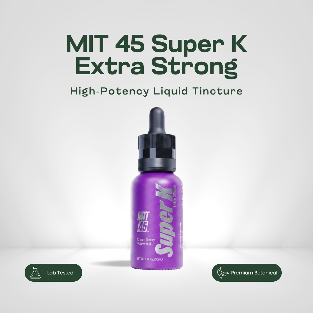 MIT 45 Super K Extra Strong 30ml liquid kratom extract in a purple dropper bottle