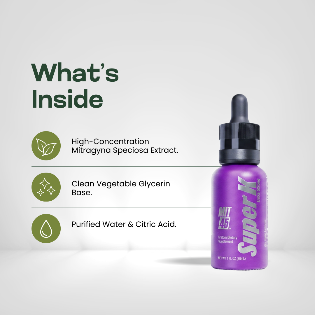 MIT 45 Super K Extra Strong ingredients: kratom leaf extract, vegetable glycerin, filtered water and citric acid