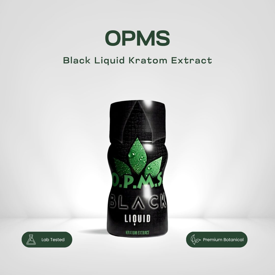 OPMS Black Liquid kratom extract in a sealed 8.8ml bottle