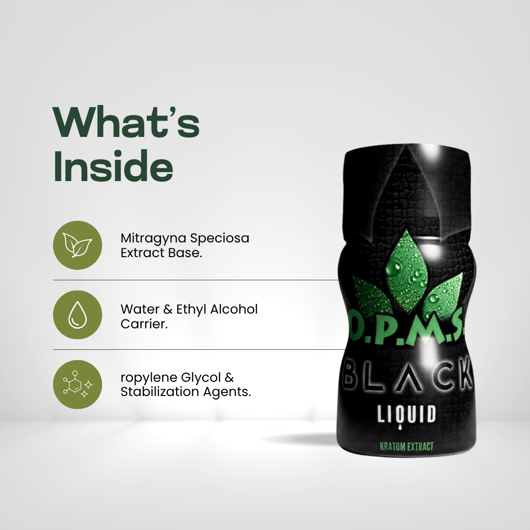 OPMS Black Liquid ingredients: kratom leaf extract 50 to 1, water, ethyl alcohol and propylene glycol