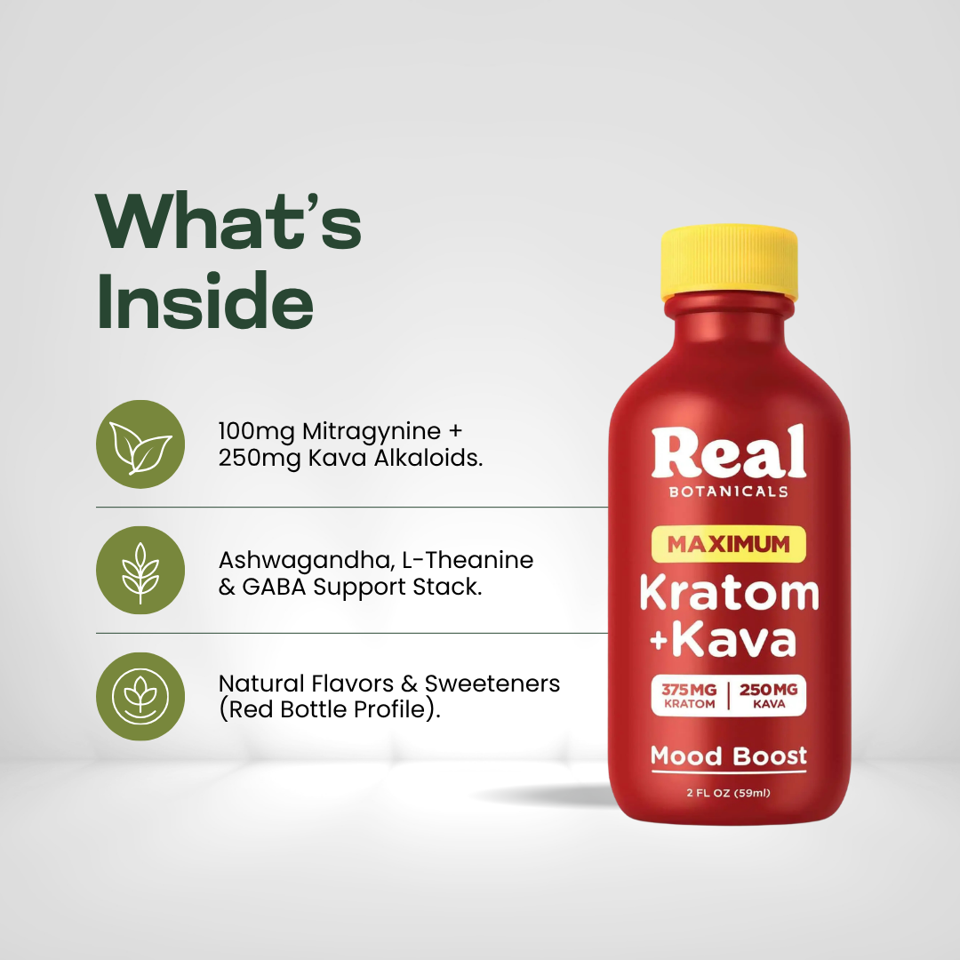 Real Botanicals Mood Boost ingredients: kratom alkaloids, kava, ashwagandha, L-theanine and GABA