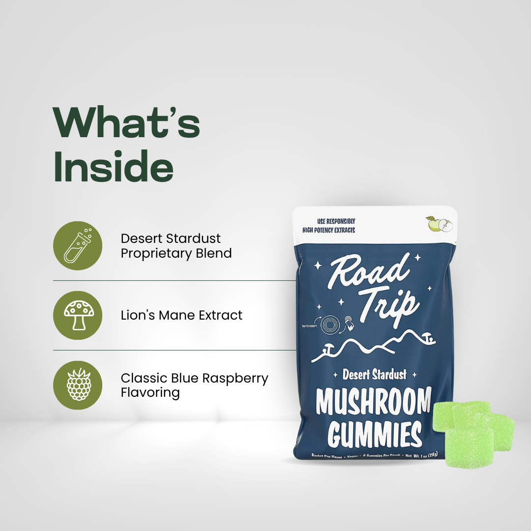 Road Trip Desert Stardust ingredients: lion's mane mushroom extract, Seronoesin extract, tapioca syrup and pectin