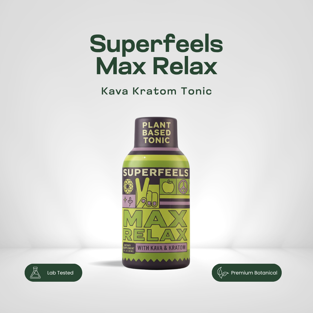 Superfeels Max Relax kava kratom tonic in a 2oz green and yellow bottle