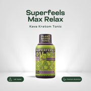 Superfeels Max Relax kava kratom tonic in a 2oz green and yellow bottle