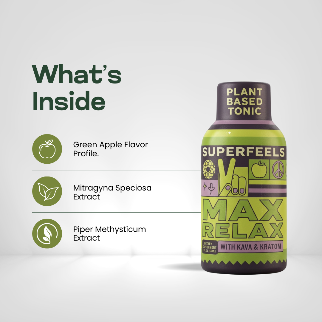 Superfeels Max Relax ingredients: kratom extract, kava extract, purified water and natural apple flavor