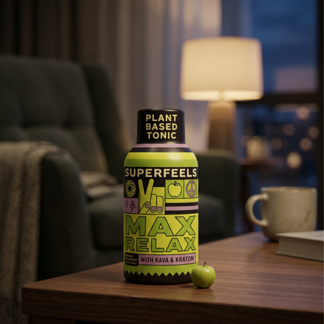 Superfeels Max Relax kava kratom tonic, two servings per bottle
