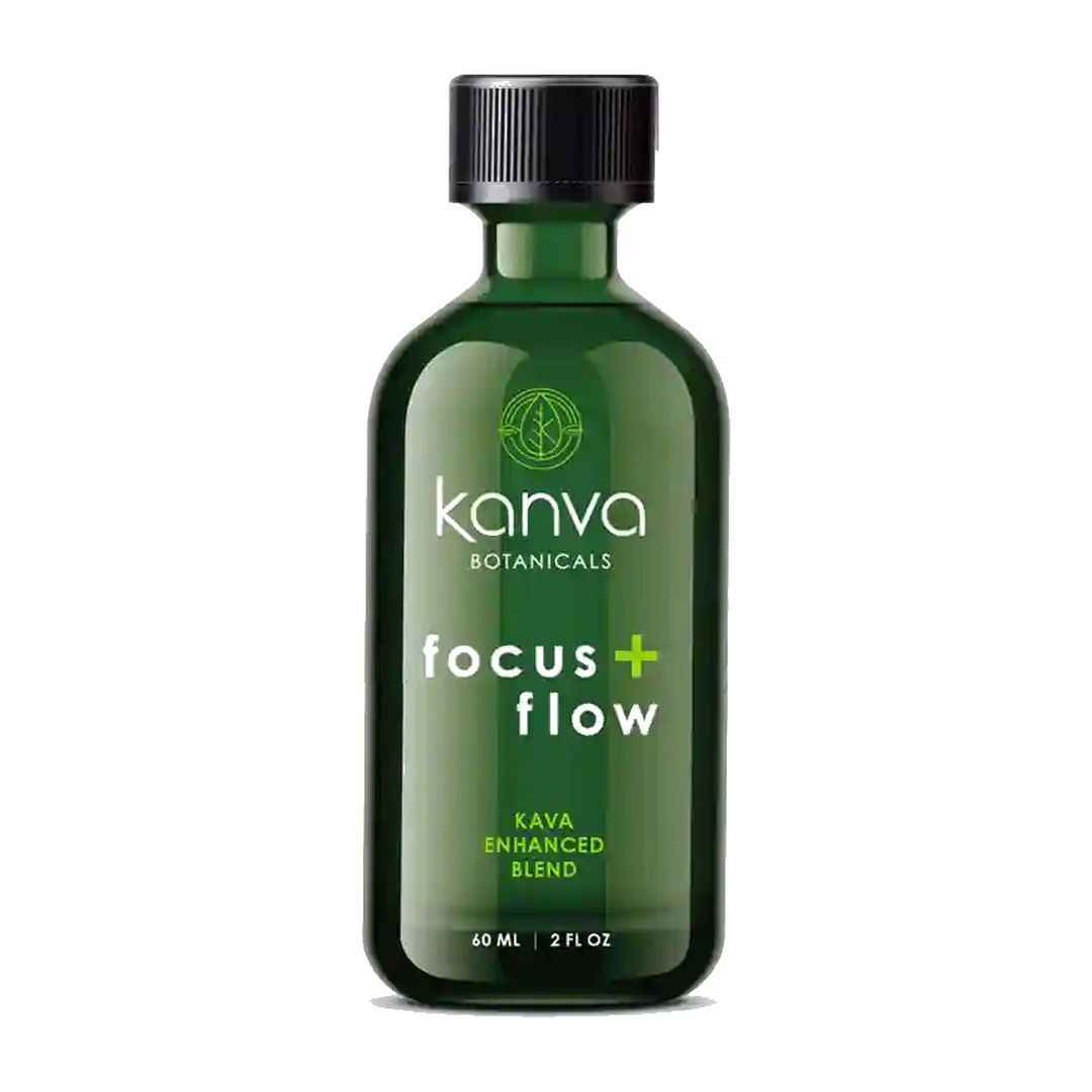 Kanva Botanicals Focus + Flow kava kratom blend in a 2oz green glass bottle