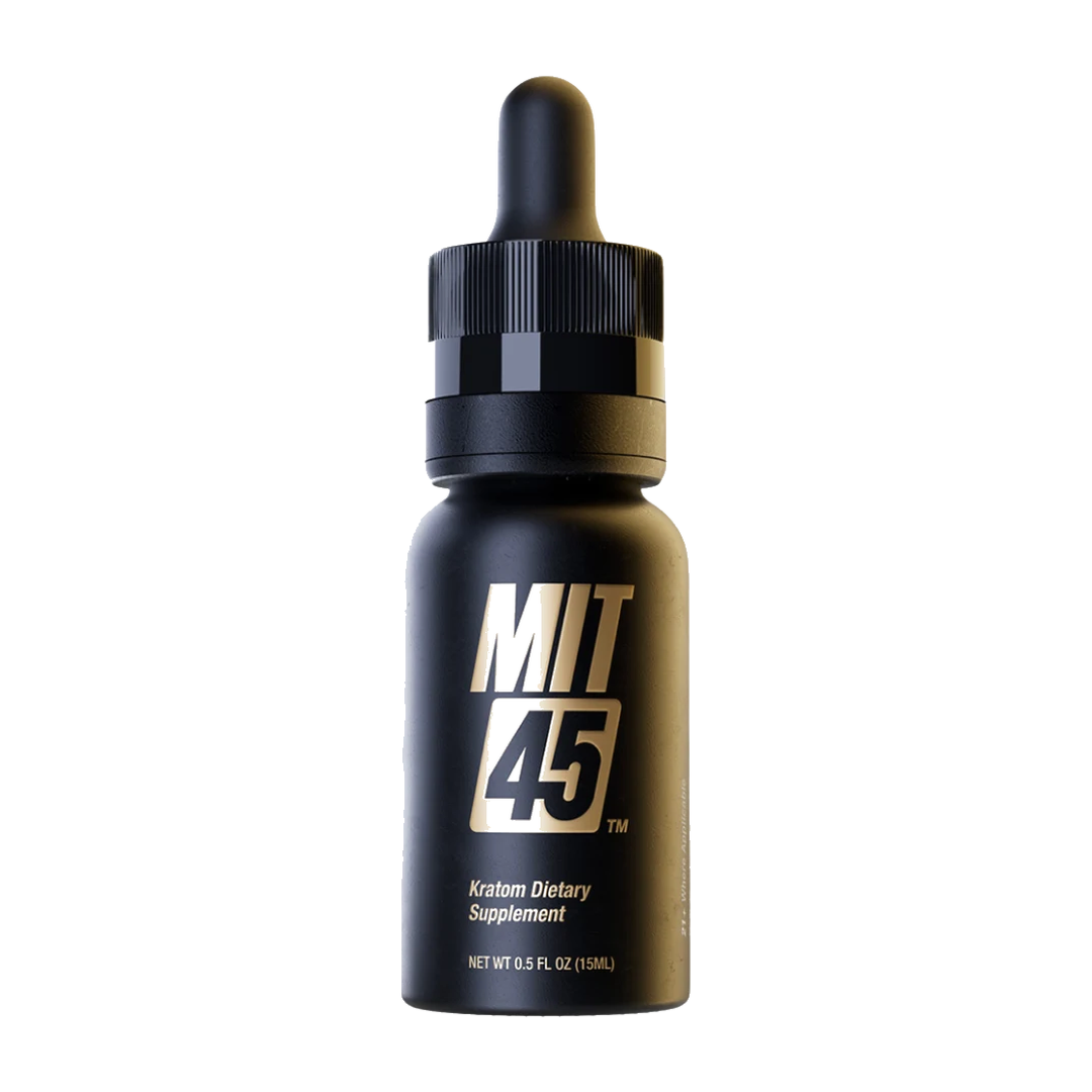 MIT 45 Gold 15ml liquid kratom extract in a black and gold dropper bottle