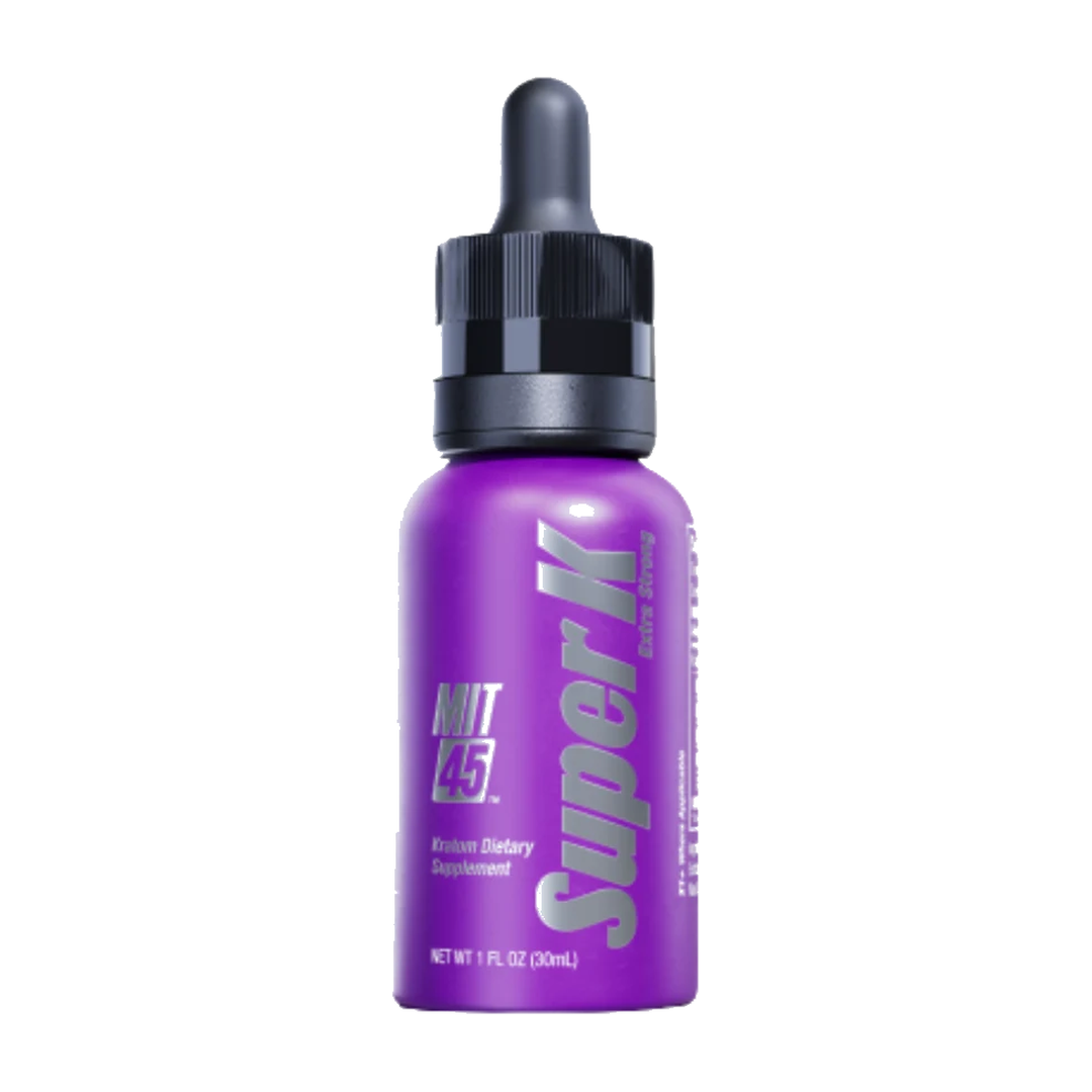 MIT 45 Super K Extra Strong 30ml liquid kratom extract in a purple dropper bottle