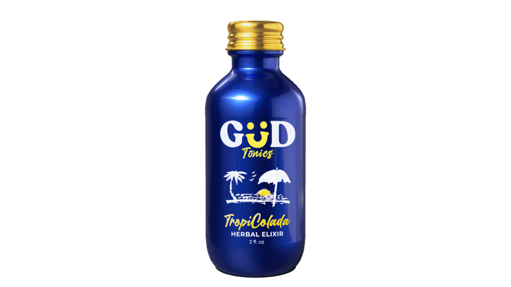 Blue 2oz Kava Tonics TropiColada Herbal Elixir bottle with gold cap featuring coconut and pineapple flavor tropical island design with palm tree and umbrella.