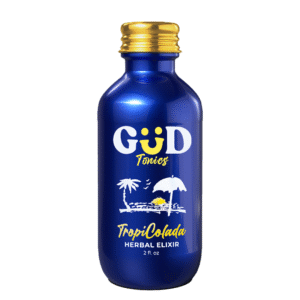 Blue 2oz Kava Tonics TropiColada Herbal Elixir bottle with gold cap featuring coconut and pineapple flavor tropical island design with palm tree and umbrella.