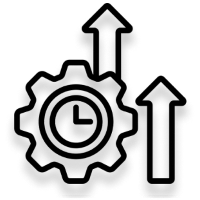 Icon depicting a gear with a clock in the center and two upward arrows, symbolizing enhanced productivity or efficiency.