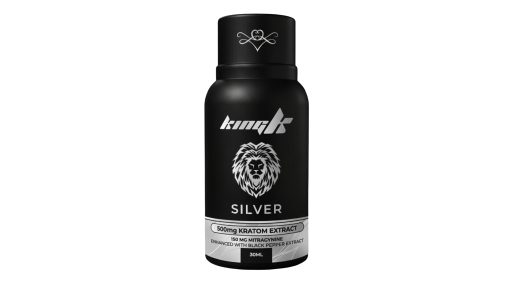 Black 30ml King K Silver Kratom Extract bottle with silver lion logo featuring 500mg Kratom Extract and 150mg Mitragynine enhanced with black pepper extract.
