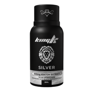 Black 30ml King K Silver Kratom Extract bottle with silver lion logo featuring 500mg Kratom Extract and 150mg Mitragynine enhanced with black pepper extract.