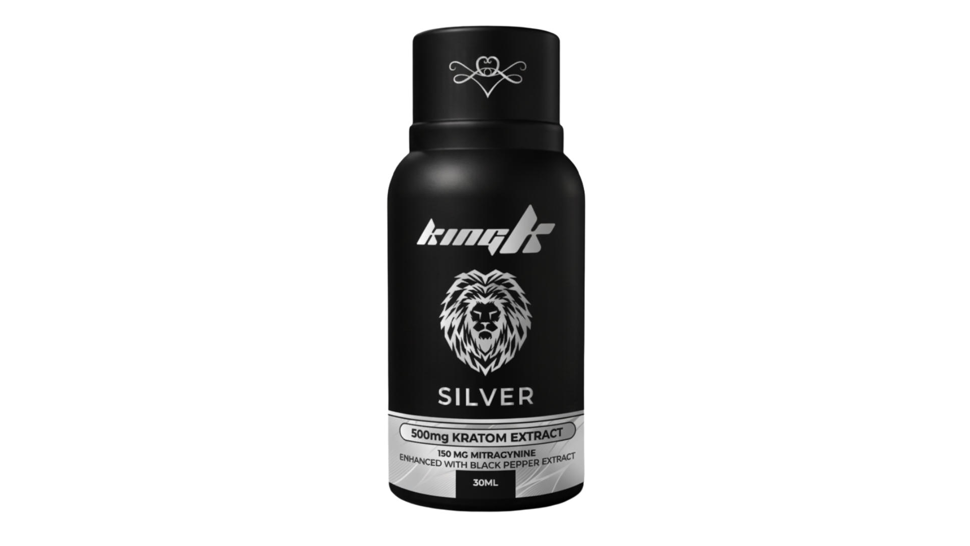 Black 30ml King K Silver Kratom Extract bottle with silver lion logo featuring 500mg Kratom Extract and 150mg Mitragynine enhanced with black pepper extract.