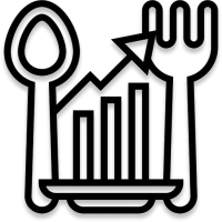 Icon of a bar chart with an upward trend on a plate, accompanied by a fork and a spoon, symbolizing increased appetite.