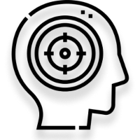 Icon of a human head in profile with a target symbol centered on the brain area, representing focus or concentration.