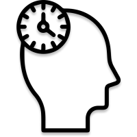 Icon depicting a human head in profile with a clock inside, symbolizing long-lasting effects.