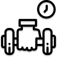 Icon of a hand grabbing a dumbbell with a clock above, symbolizing a pre-workout supplement or routine.