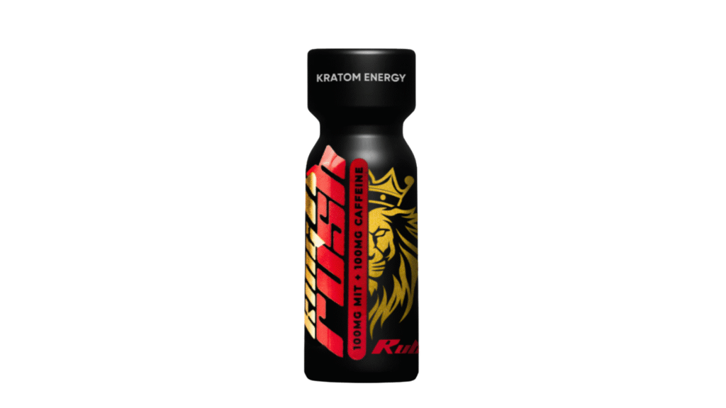 Black King K Rush Kratom Energy Ruby bottle with gold lion logo and red accent text showing 100mg Mitragynine and 100mg Caffeine blend.