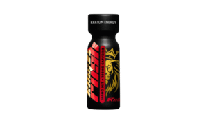 Black King K Rush Kratom Energy Ruby bottle with gold lion logo and red accent text showing 100mg Mitragynine and 100mg Caffeine blend.