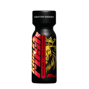 Black King K Rush Kratom Energy Ruby bottle with gold lion logo and red accent text showing 100mg Mitragynine and 100mg Caffeine blend.