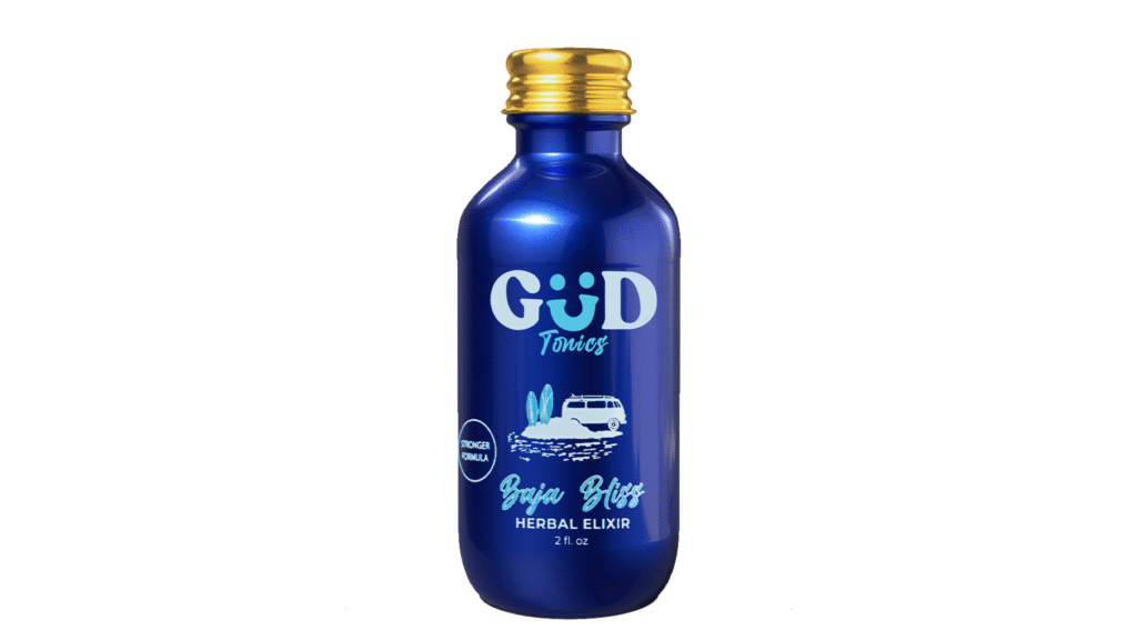 Blue 2oz Kava Tonics Baja Bliss Herbal Elixir bottle with gold cap guava flavor featuring surf van and surfboard beach design labeled Stronger Formula.