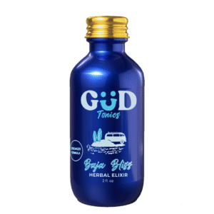 Blue 2oz Kava Tonics Baja Bliss Herbal Elixir bottle with gold cap guava flavor featuring surf van and surfboard beach design labeled Stronger Formula.