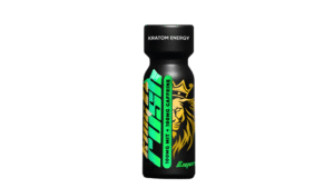 Black King K Rush Kratom Energy Emerald bottle with gold lion logo and green accent text featuring 100mg Mitragynine and 100mg Caffeine formula.