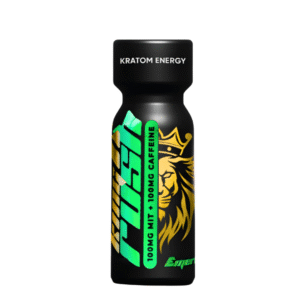 Black King K Rush Kratom Energy Emerald bottle with gold lion logo and green accent text featuring 100mg Mitragynine and 100mg Caffeine formula.
